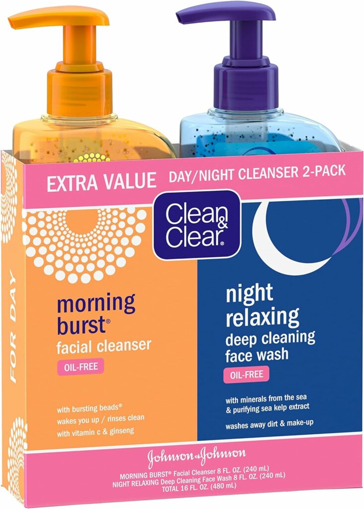 Clean  Clear 2-Pack of Day  Night Face Wash with Citrus Morning Burst Facial Cleanser with vitamin C + cucumber and Night Relaxing Face Wash, Oil-Free facial cleanser, hypoallergenic face wash